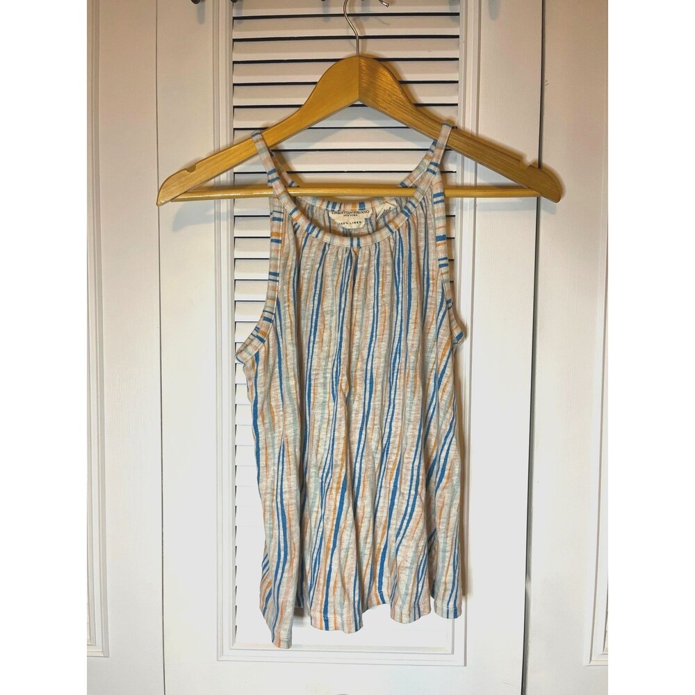 Christian Siriano Linen Striped Blue and Orange Tank Top Coastal Small